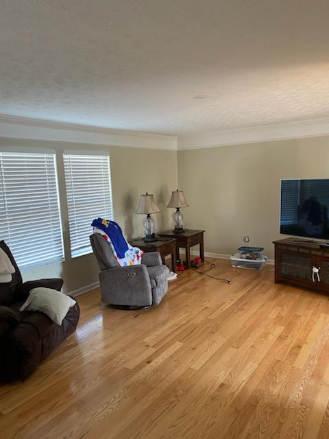 Living room with taupe walls, wood flooring, and recliners